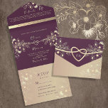 Plum Purple and Gold Wedding All In One Invitation<br><div class="desc">An elegant and luxurious all-in-one wedding invitation in rich plum purple, blending modern chic with timeless romance. Featuring a romantic rope heart, a monogram on the front, vintage gold flowers, and a custom photo of the couple on the back. Personalise with your own photo, wedding details, and RSVP for a...</div>