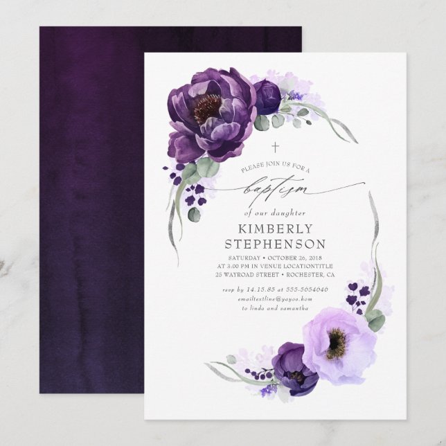 Plum Purple and Lilac Colours Elegant Baptism Invitation (Front/Back)