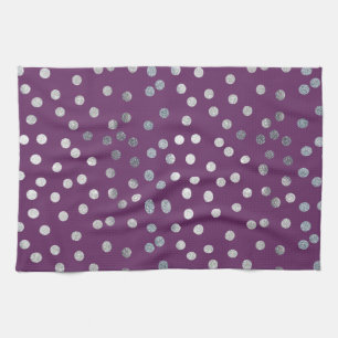 Plum Purple and Silver Glitter City Dots Tea Towel