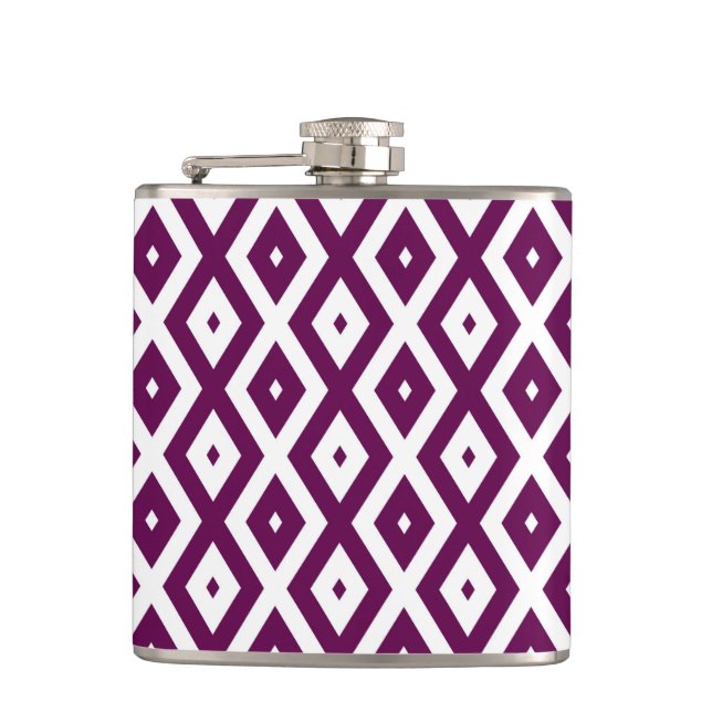 Plum purple and white diamond pattern hip flask (Front)