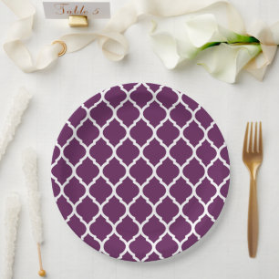 Plum Purple and White Moroccan Quatrefoil Paper Plate