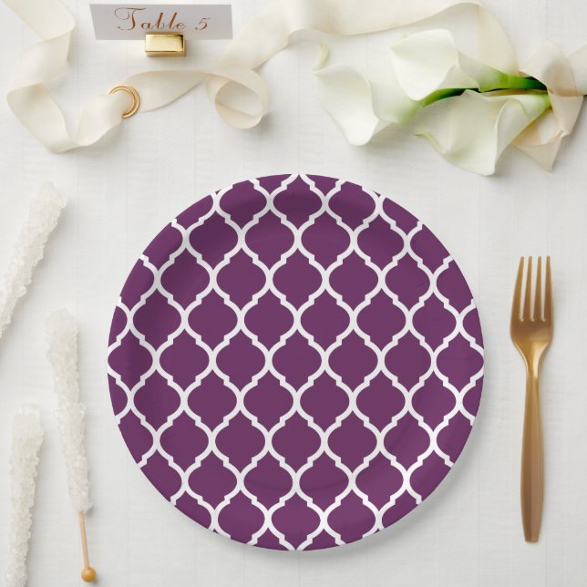 Plum Purple and White Moroccan Quatrefoil Paper Plate (Wedding)