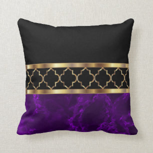 Plum Purple, Black & Gold Quatrefoil Cushion