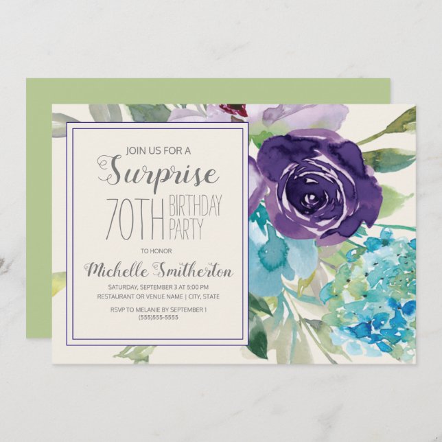 Plum Purple Blue Floral Surprise 70th Birthday Invitation (Front/Back)