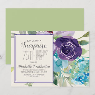 Plum Purple Blue Floral Surprise 75th Birthday Invitation