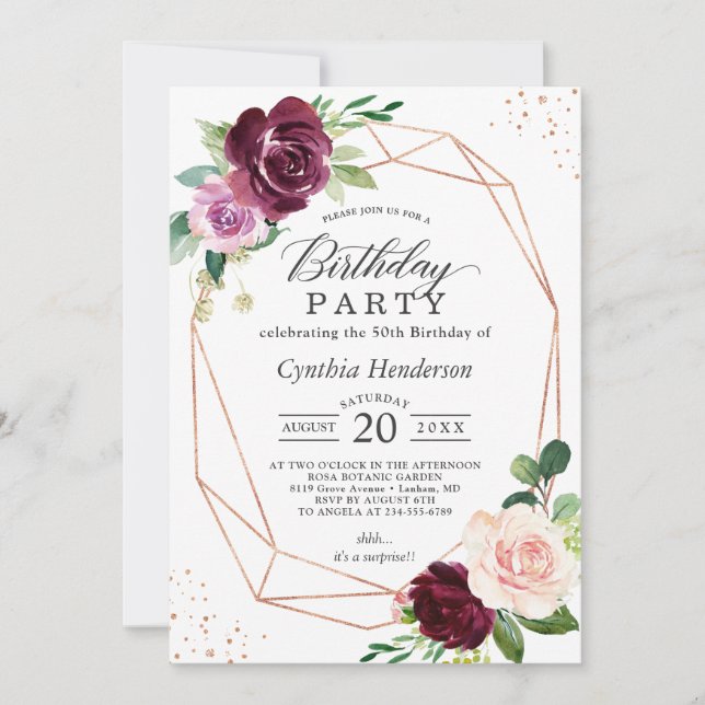 Plum Purple Blush Floral Modern Birthday Party Invitation (Front)