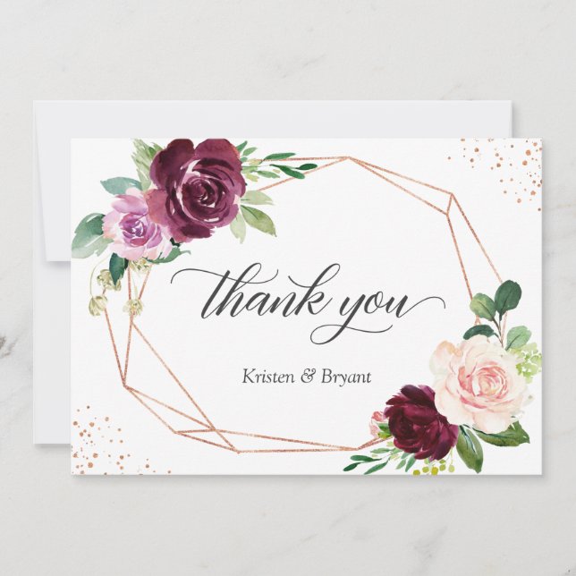 Plum Purple Blush Floral Modern Geometric Wedding Thank You Card (Front)