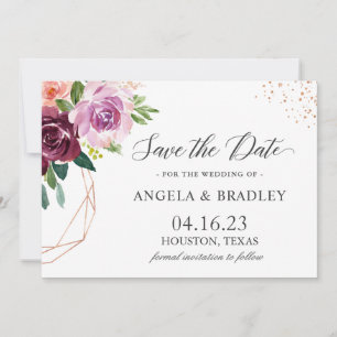Plum Purple Blush Floral Modern Rose Gold Wedding Save The Date