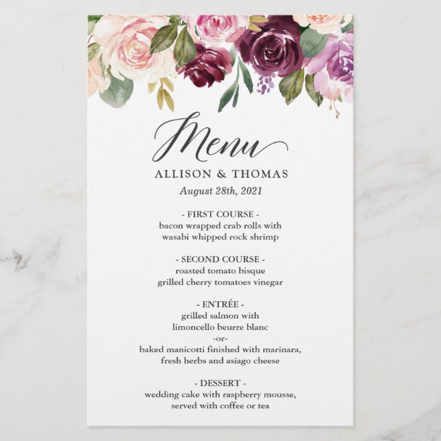 Plum Purple Blush Floral Wedding Dinner Menu (Front)