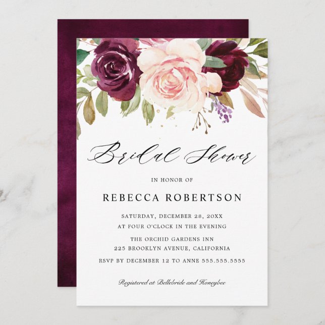 Plum Purple Blush Pink Botanical Bridal Shower Invitation (Front/Back)