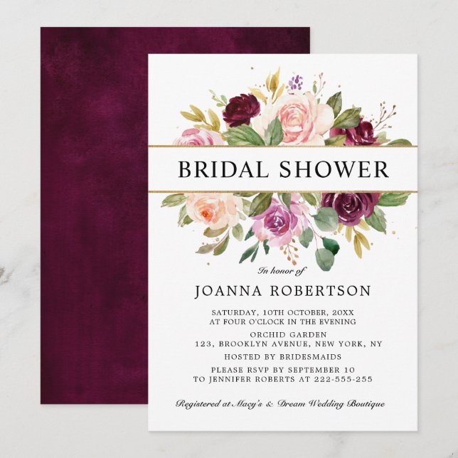 Plum Purple Blush Pink Botanical Bridal Shower Invitation (Front/Back)