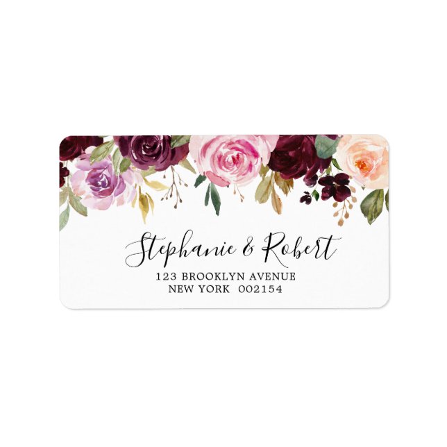 Plum Purple Blush Pink Botanical Floral Wedding Label (Front)
