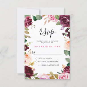 Plum Purple Blush Pink Botanical Floral Wedding RSVP Card