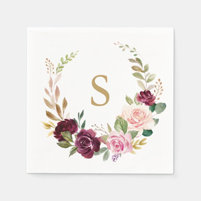 Plum Purple Blush Pink Botanical Wedding Napkin (Front)