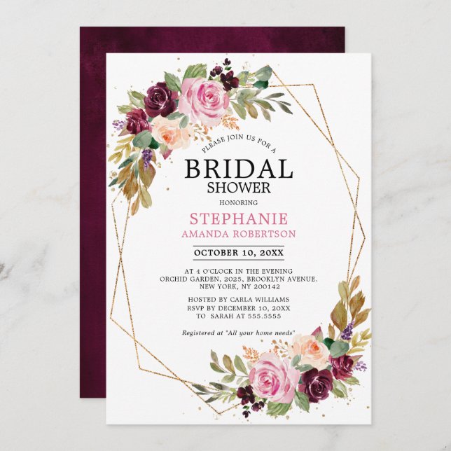 Plum Purple Blush Pink Floral Bridal Shower Invitation (Front/Back)