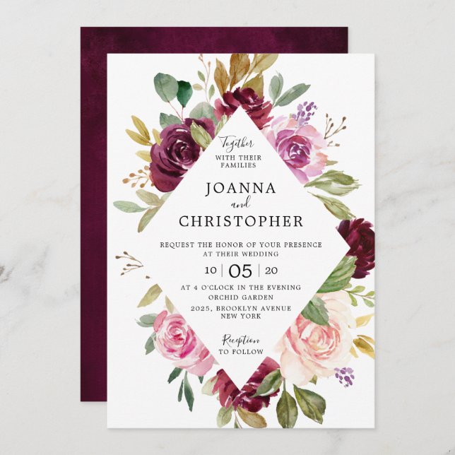 Plum Purple Blush Pink Geometric Floral Wedding Invitation (Front/Back)