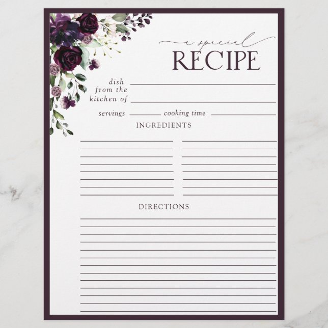 Plum Purple Bridal Shower Recipe Binder Page (Front)