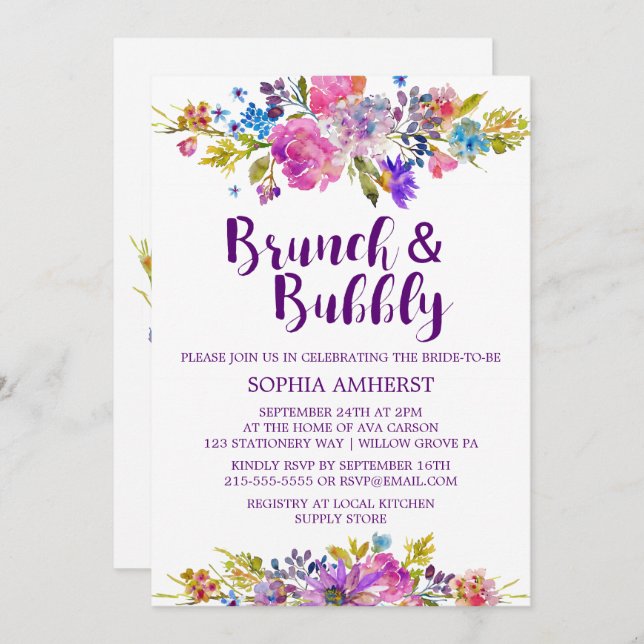 Plum Purple Brunch and Bubbly Bridal Shower Invite (Front/Back)