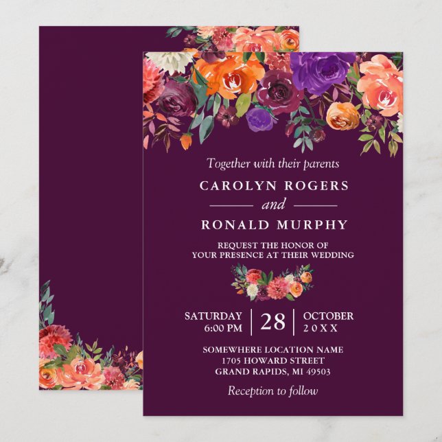 Plum Purple Burgundy Orange Floral Wedding Invitation (Front/Back)