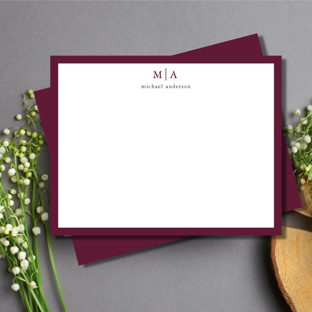 Plum Purple Classic Border Monogram Correspondence Card (Creator Uploaded)
