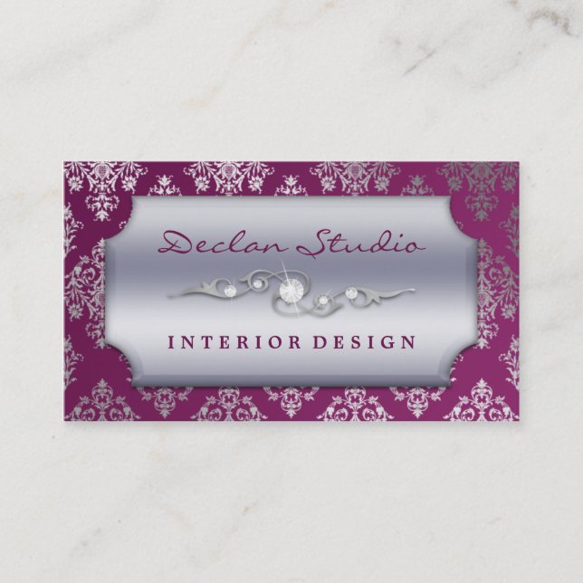 Plum Purple Dashing Damask Fashion/Interior Design Business Card (Front)