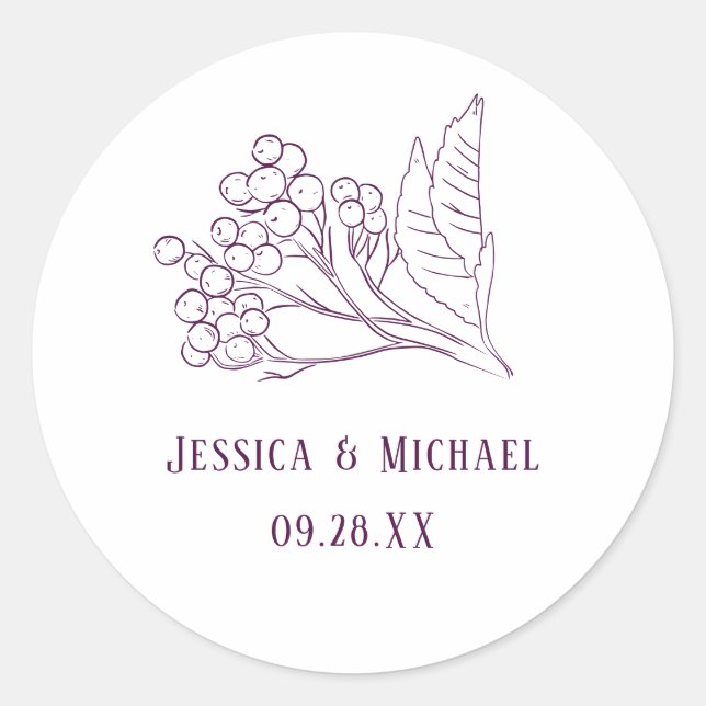 Plum Purple Delicate Leaf Outline Elegant Wedding Classic Round Sticker (Front)