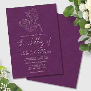 Plum Purple Delicate Leaf Outline Elegant Wedding Invitation