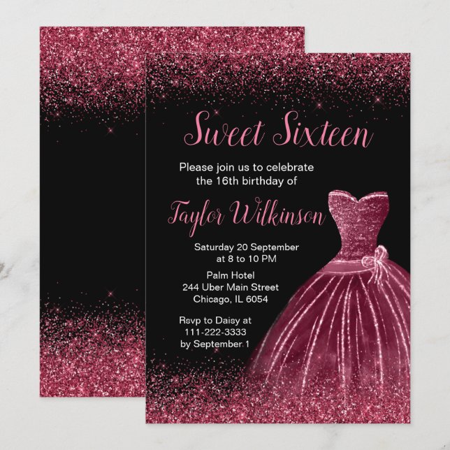 Plum Purple Dress Faux Glitter Sweet 16 Birthday Invitation (Front/Back)