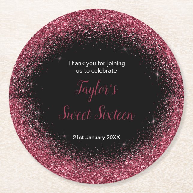 Plum Purple Dress Faux Glitter Sweet 16 Birthday Round Paper Coaster (Front)