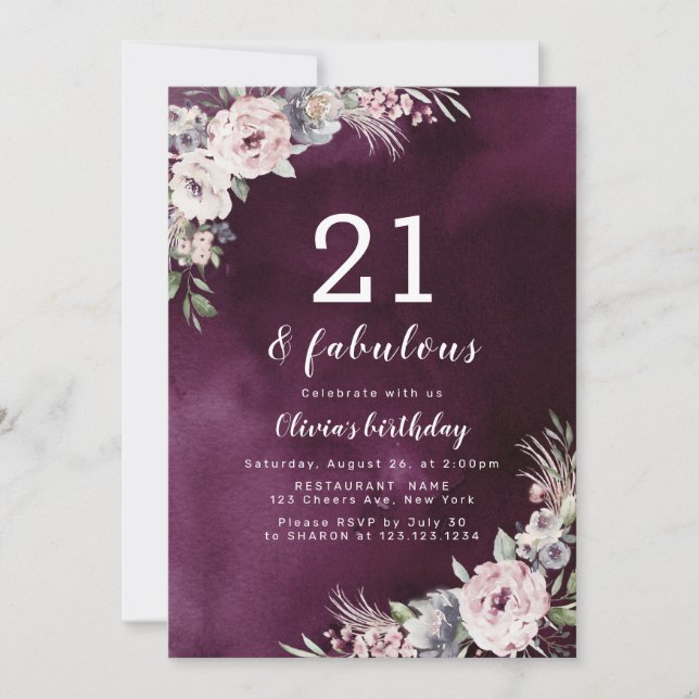 Plum purple & dusty pink boho floral 21st birthday invitation (Front)