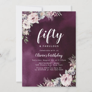 Plum purple & dusty pink boho floral 50th birthday invitation