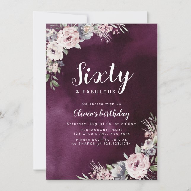 Plum purple & dusty pink boho floral 60th birthday invitation (Front)