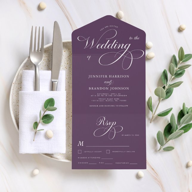 Plum Purple Elegant Calligraphy Classic Wedding All In One Invitation (Creator Uploaded)