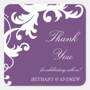 Plum Purple Elegant Damask Thank You Stickers