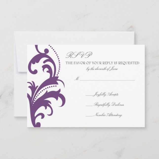 Plum Purple Elegant Damask Wedding RSVP (Front)