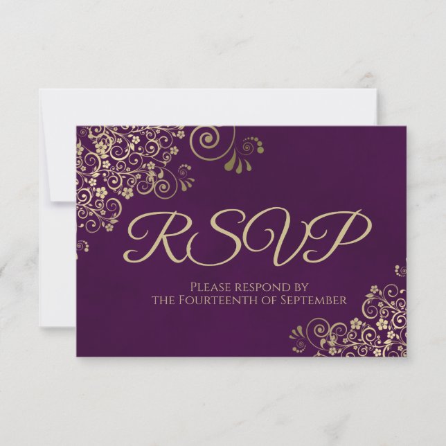Plum Purple & Elegant Gold Lace Frilly Wedding RSVP Card (Front)