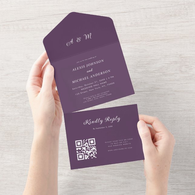 Plum Purple Elegant Monogram QR Code Wedding All In One Invitation (Tearaway)