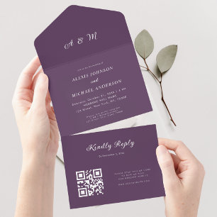 Plum Purple Elegant Monogram QR Code Wedding All In One Invitation