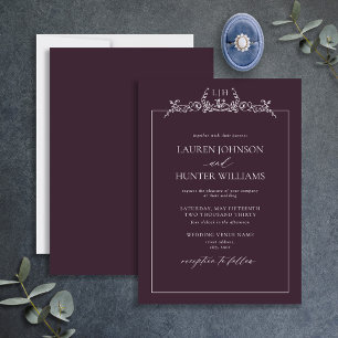 Plum Purple Floral Border Monogram Wedding Invitation