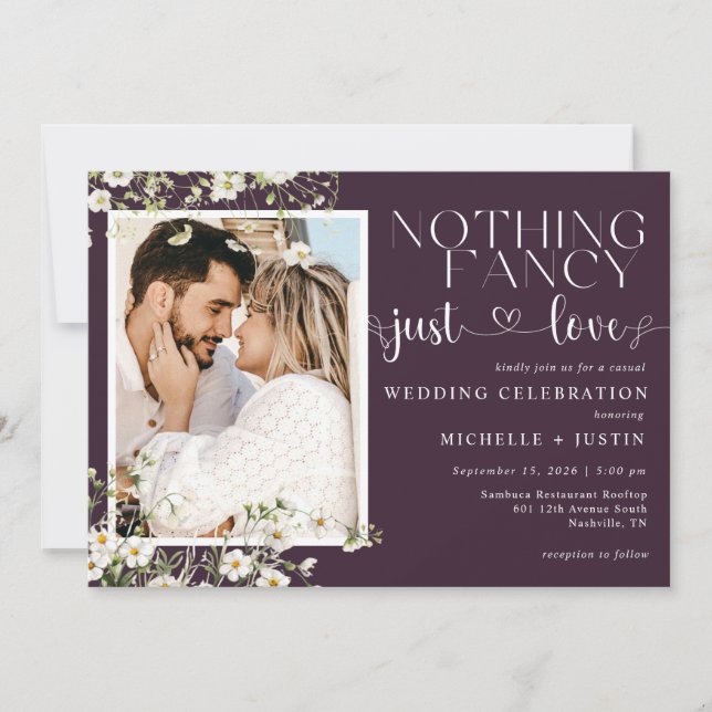 Plum Purple Floral Casual Wedding Just Love Invitation (Front)