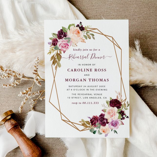 Plum purple floral geometric rehearsal dinner invitation (Creator Uploaded)