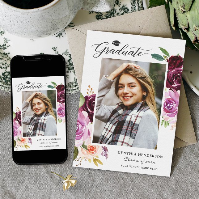 Plum Purple Floral Girl Graduate Photo Graduation Announcement (Creator Uploaded)