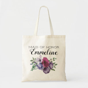 Plum Purple Floral Greenery Maid of Honour Tote Bag