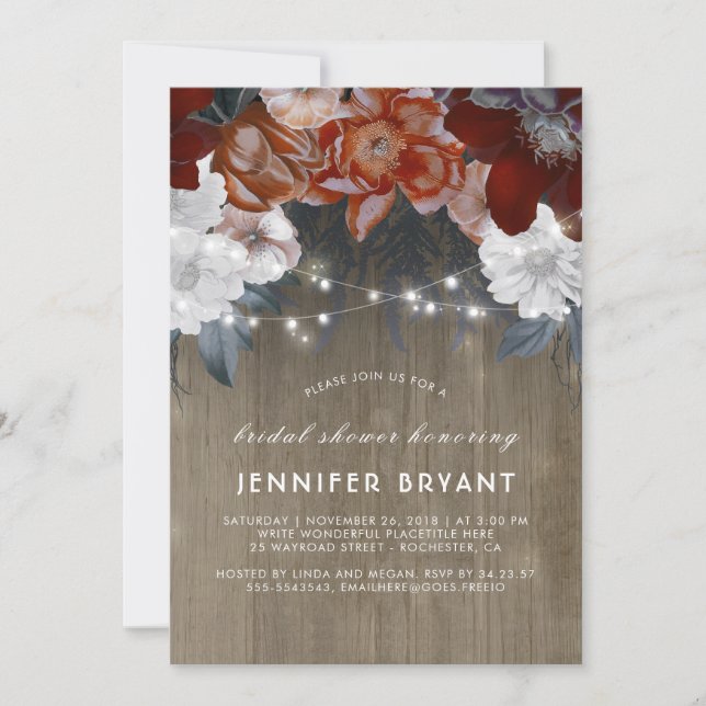Plum Purple Floral Lights Rustic Bridal Shower Invitation (Front)
