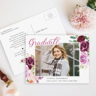 Plum Purple Floral Photo Graduation Announcement Postcard