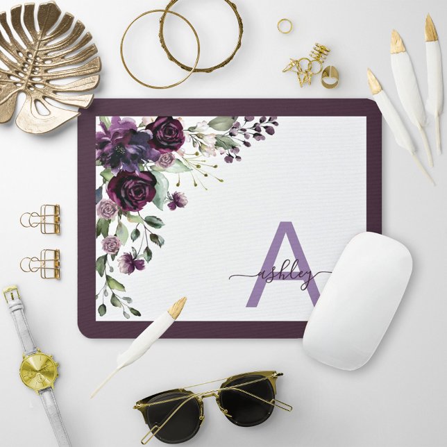 Plum Purple Floral Script Name Monogram Initial Mouse Pad (Creator Uploaded)