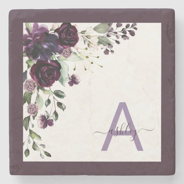 Plum Purple Floral Script Name Monogram Initial Stone Coaster (Front)
