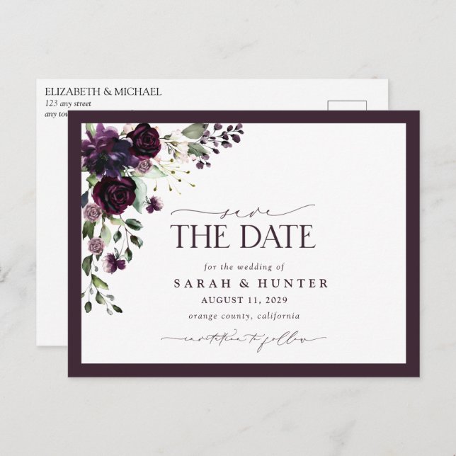 Plum Purple Floral Script Wedding Save The Date Invitation Postcard (Front/Back)
