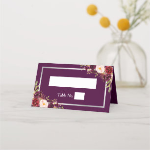 Plum Purple Floral Silver Grey Frame Wedding Place Card