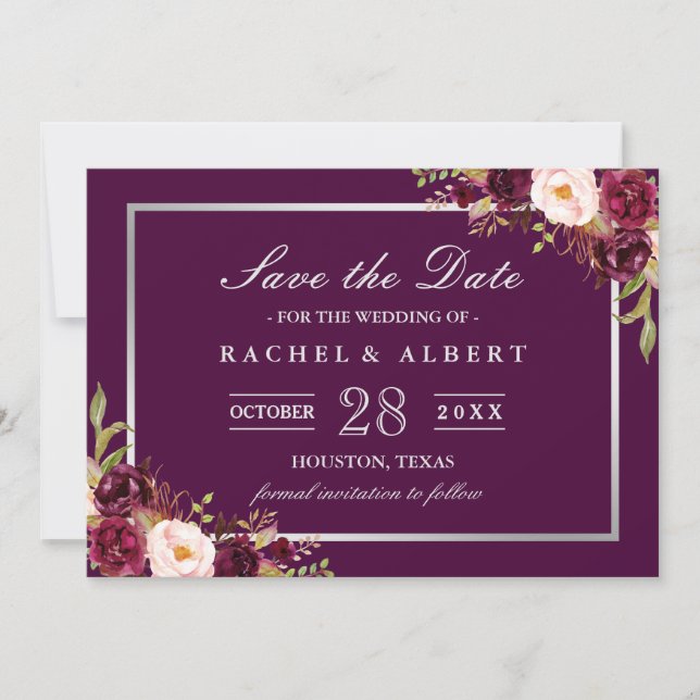 Plum Purple Floral Silver Grey Save the Date (Front)